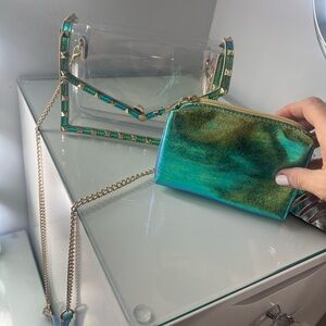 Clear PVC Box Purse with Gold Pyramid Studs and Removable Metallic Pouch Bag